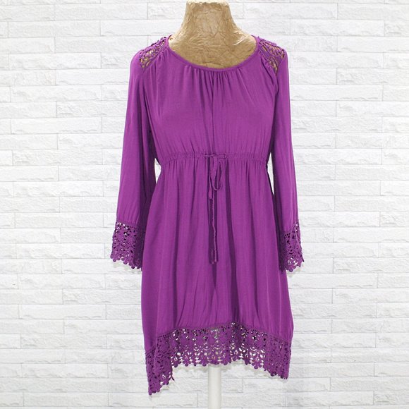 CHARMING CHARLIE Tunic Top Boho Lace Fringe Oversized Cotton Purple Large - Picture 1 of 12